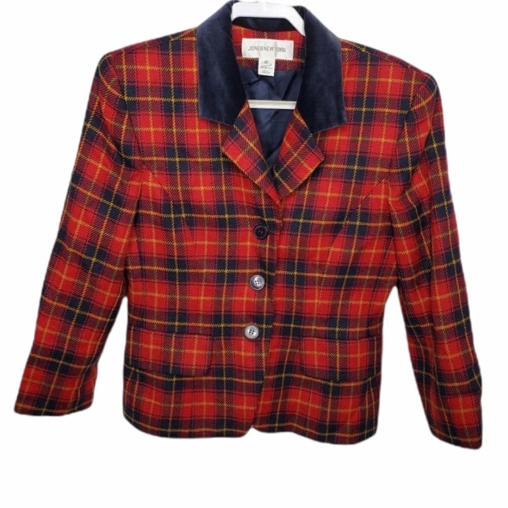 VINTAGE 90s dark academia tartan plaid velvet collar blazer M